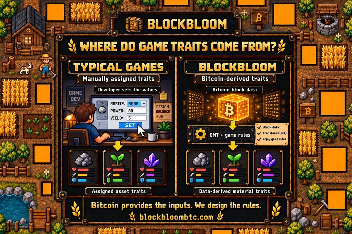alienbtcbloom's tweet photo. Who decides the properties of an asset in a blockchain game?
In many games, developers assign its rarity, attributes, and resource type. Putting the asset on-chain doesn’t change where those decisions came from.
With BlockBloom, we’re taking a different approach: using Bitcoin block data through DMT to derive material characteristics that feed into gameplay.
The distinction is between manually assigning each asset its properties and defining rules that derive those properties from existing Bitcoin data.
We still design the interpretation and balance. Bitcoin provides the underlying inputs.
That’s what interests us about DMT for gaming: blockchain data becomes part of how the world is generated, not just a record of who owns its assets.
Bitcoin provides the data. We build the gameplay around it. 🌱
