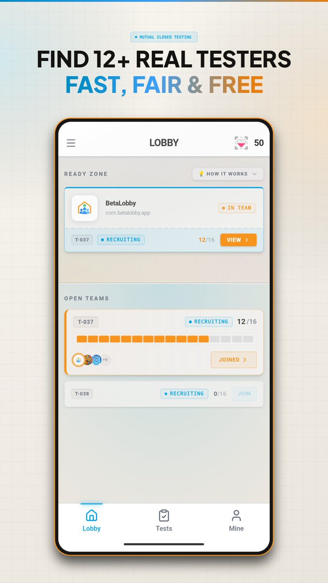 Zeroffffff's tweet photo. Finding 12 testers for Google Play's 14-day closed testing is tough for solo devs.

Got tired of asking around on Reddit, so I built BetaLobby: a free tool for indie Android devs to team up &amp; auto cross-test apps.

Link in reply 👇

#Android  #IndieDev #GooglePlay https://t.co/5Qm3LLFKIH