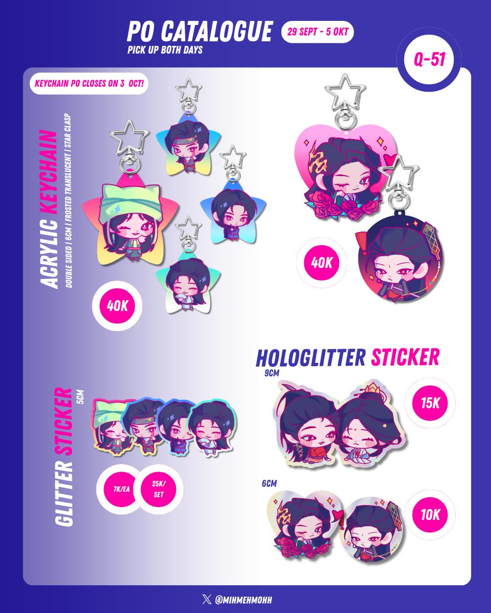 mihmehmohh's tweet photo. 🩷 &amp; 🔁 are appreciated!
Myeah's CF23 PO is open!
🤍Pick up both days
📍Booth Q-51 (Maron Jaya Merdeka)
🗓️ 29 Sept - 5 Oct (keychain PO closes on 3 Oct!)
⭐Fandom: WWM 🍃

PO link 🔗
https://t.co/NiRj276njG

#cf23catalogue #cf23catalog #comifuro23 #CF23 https://t.co/jSEIAQxigj