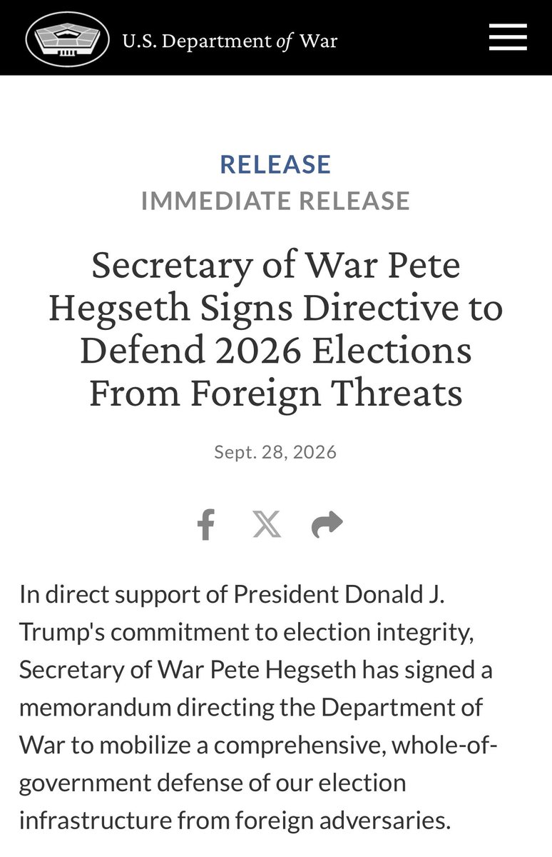 HollyKesler's tweet photo. 🔥Secretary of War Pete Hegseth has directed the Department of War to prioritize defense of the 2026 elections against foreign interference.

In a Sept. 22 memorandum released Monday, Hegseth instructed U.S. Cyber Command, the National Security Agency, the Defense Intelligence Agency, and the National Geospatial-Intelligence Agency to treat protection of U.S. election infrastructure as a no-fail mission.

The directive requires those organizations to:
•  Prioritize existing intelligence and cyber capabilities so foreign actors cannot meddle in U.S. democratic systems
•  Collect and produce intelligence on foreign threats to the elections, consistent with law, regulation, and executive direction
•  Use Cyber Command’s existing authorities, in coordination with the Department of Homeland Security, to counter potential cyber threats targeting the elections

“As we approach this election cycle, we must prove that we can and will protect the integrity of our democratic processes from any threat,” the memorandum states. 

Chief Pentagon Spokesman Sean Parnell added that Cyber Command and defense intelligence teams will work with federal, state, and local partners to defend voting systems and expose foreign malign influence while protecting Americans’ fundamental freedoms.

Official sources:

Department of War release: https://t.co/CTwflpKRPa

Memorandum text: https://t.co/qCj536IT6D
