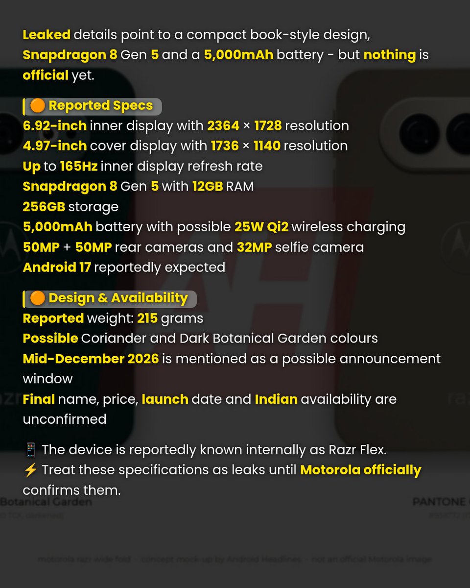 MobileTelco24's tweet photo. 🚨 Motorola Razr Flex leak: 6.92″ inner display, Snapdragon 8 Gen 5, 12GB RAM, 256GB storage &amp; 5,000mAh battery reportedly planned. Final name, specs, launch date &amp; India availability remain unconfirmed. #Motorola #RazrFlex #TechNews #MobileTelco https://t.co/dSA6IGrTWV