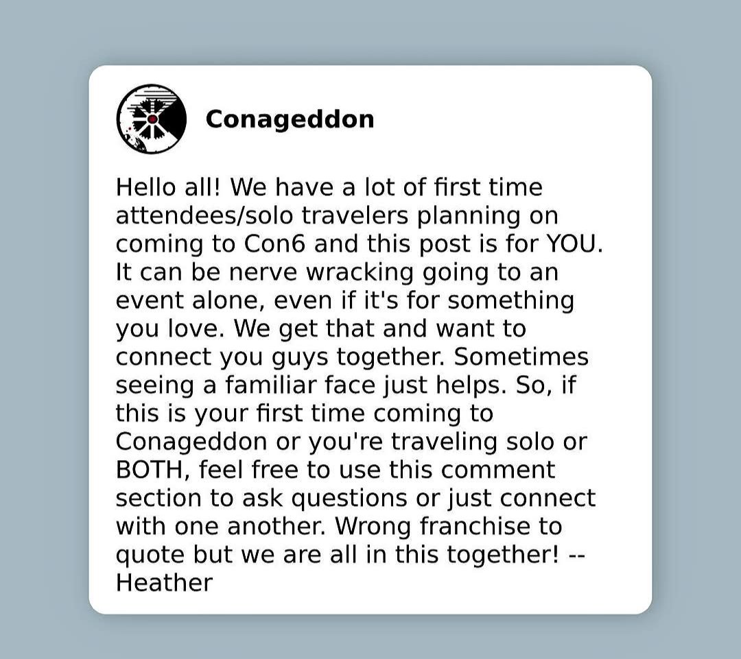 conageddon's tweet photo. If you're a first time attendee to Conageddon or a solo traveler or just want to connect with other fans, head over to our Facebook and have at it!
#The100 #Conageddon https://t.co/4mpwY03JZF