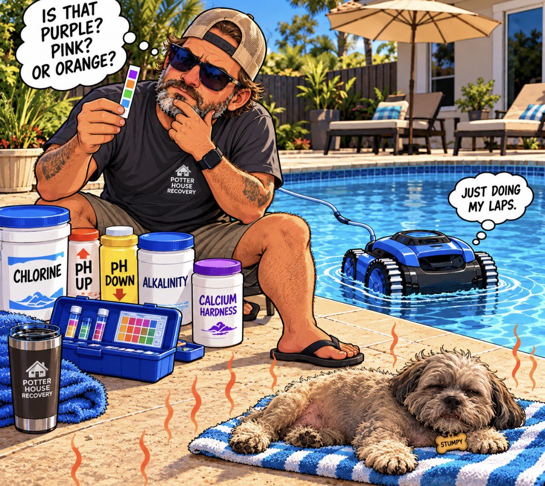 DonovanPage10's tweet photo. Good morning. Let’s talk about renting a house with a pool.

First, you dip one of those little test strips in the water.

Then you stare at it like you’re a forensic scientist.

“Okay… that one is kinda purple. This one is pinkish. Maybe orange?”

Then comes the fun part — figuring out what chemicals to add.

But you can’t add TOO much, because apparently there’s a fine line between crystal-clear pool water and climbing out without your skin.

Which, depending on what you’re into, might not necessarily be a dealbreaker.

Then you start reading everything you’re supposed to monitor:

Chlorine.

pH.

Alkalinity.

Calcium hardness.

Urine.

(Just checking to see if you were still reading.)

And approximately 37 other things I don’t understand.

Then there’s cleaning the bottom.

I COULD hook up the pool vacuum to the pump and actually vacuum it myself.

Or…

I can throw the little pool robot in there and spend the next three hours watching it slowly drive around the bottom like a Roomba that learned how to swim.

Obviously, option two.

Now, last year the backyard had a little incident during what was supposed to be a simple cleaning. That eventually resulted in the whole thing getting redone with new concrete.

Looks great.

There is, however, one minor feature nobody mentioned:

When the South Carolina sun comes out, the concrete reaches approximately the temperature of the surface of Mercury.

You don’t walk across it.

You sprint.

So now I’m standing at a house I RENT, holding a test strip I don’t understand, surrounded by enough chemicals to make me look suspicious, hopping across scorching concrete while watching an aquatic Roomba clean somebody else’s pool.

And somehow this is just a normal morning.

Calcium hardness.

Alkalinity.

pH.

Chlorine.

Whatever the purple square means.

Thank God for Grok. 😂