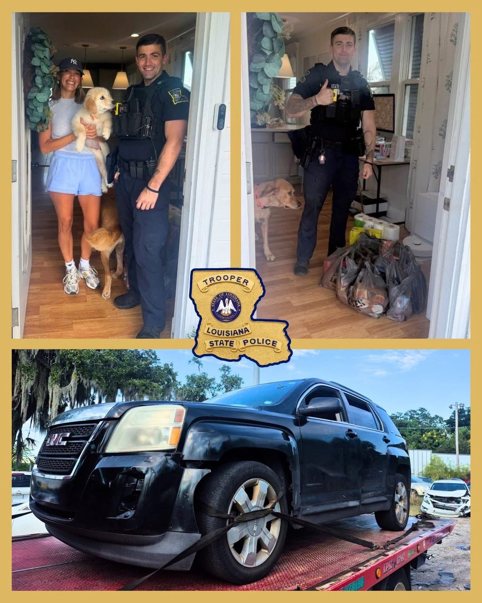 LAStatePolice's tweet photo. Troop NOLA recovered a GMC Terrain reported stolen in 2023 and arrested the driver—who had a trunk full of undelivered groceries. Troopers made sure the groceries still reached the customer’s door. Sometimes you’ve just got to keep “making groceries.” 🛒 https://t.co/UP17FJIZAE