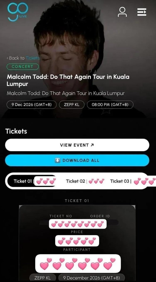 jasmin_ppqq's tweet photo. Letting go my Malcolm Todd Ticket
Do That Again Tour Asia 2026 in Kl

🎫
3xStanding Zone:300MYR
2xAcoustic Experience:1000MYR

📅 9-10 Dec 2026

Serious buyers only. DM if 
#ZeppKL
#malcomtoddinkualalumpur
#MalcolmTodd #MalcolmToddinKL #KLHeadlineSeason #LiveNationMY https://t.co/X1XeVnomNk
