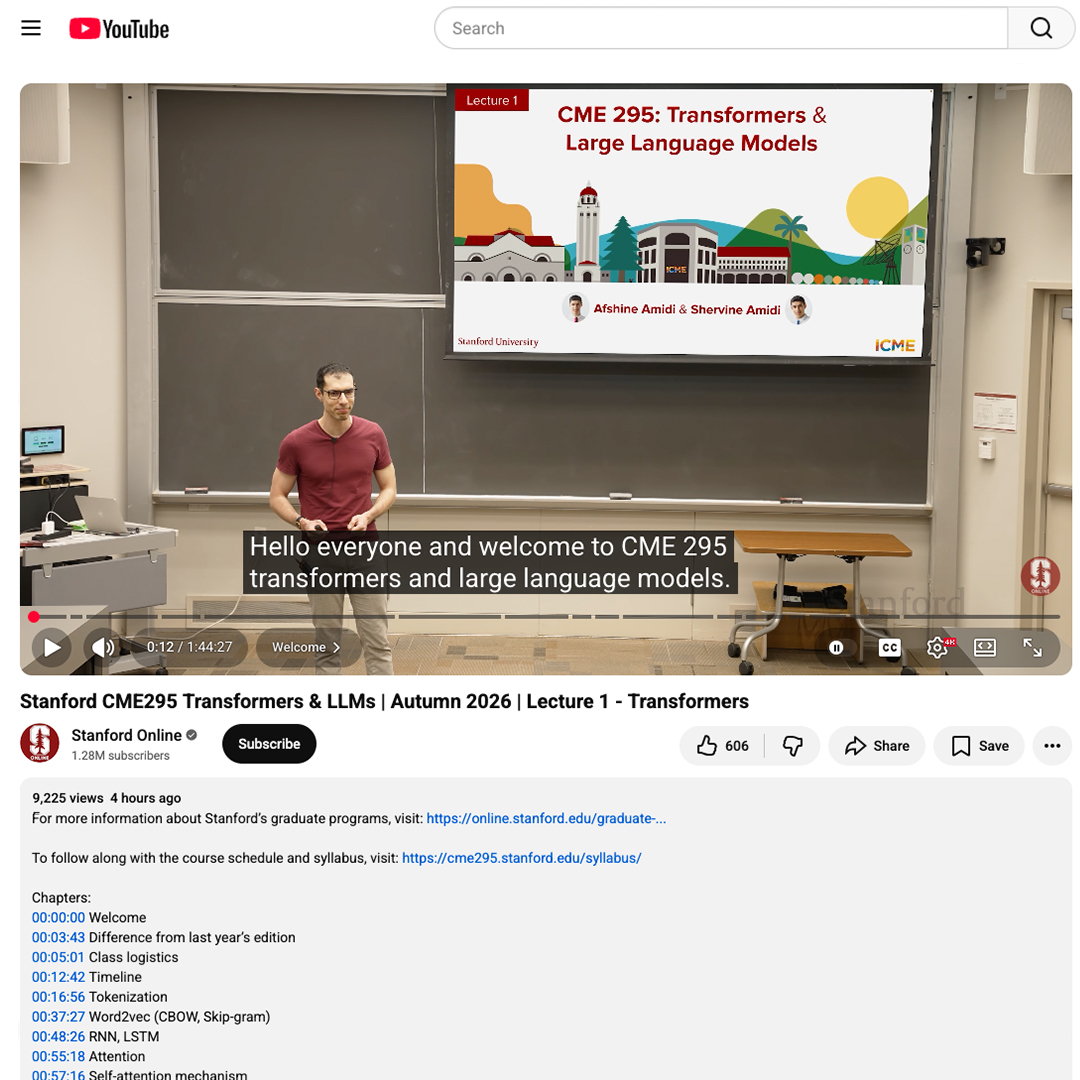 afshinea's tweet photo. Our Stanford class "CME 295: Transformers &amp; Large Language Models" is back for a new edition and Lecture 1 is now on YouTube! https://t.co/zRBAouvLzM