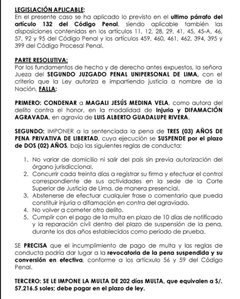hurgamemoriaPE's tweet photo. @magalyperu SENTENCIADA POR DIFAMACIÓN en juicio interpuesto por ex futbolista Luis Guadalupe. 

Al ser reincidente lo que correspondería es PRISIÓN EFECTIVA.

¿Alguien en el @Poder_Judicial_ tendrá los pantalones? https://t.co/oMj2KZDju2