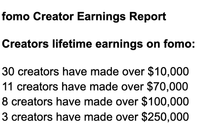 WillTimberlake_'s tweet photo. The data is in.

fomo creators keep stacking, and 3 of them are now past $250k.

If you can't trade, create. If you can't create, distribute.

We're hiring people to clip and post our top creators' content every day. DMs open. https://t.co/nRxk52MFo5