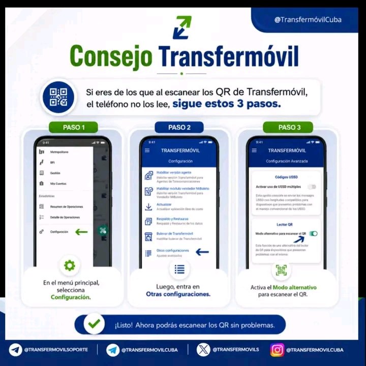Mlopez_1968's tweet photo. #Transfermóvil le aconseja 👇

Si eres de los que al escanear el QR de #Transfermóvil, el teléfono no lo lee. 

Con solo 3️⃣ pasos lograrás que tu  📷 capte la información que te permitirá realizar la operación sin problemas. https://t.co/vrVBuIXPGe