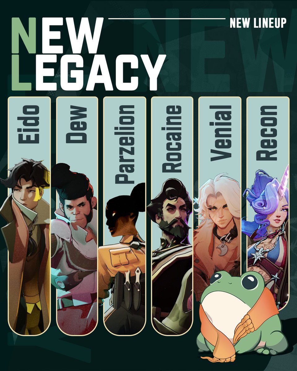 NewLegacyDL's tweet photo. We are proud to officially announce the New Legacy roster: 

🐸@Eidorian510
🐸@ Dew
🐸@Parzelion
🐸@RocaineG
🐸@venialdl
🐸@Rreconnnn

📋Coach - @rangerns2 
📊Analyst - @Aethergic 

Keep an eye out for what's to come👀 https://t.co/1HJO4Ao3dh