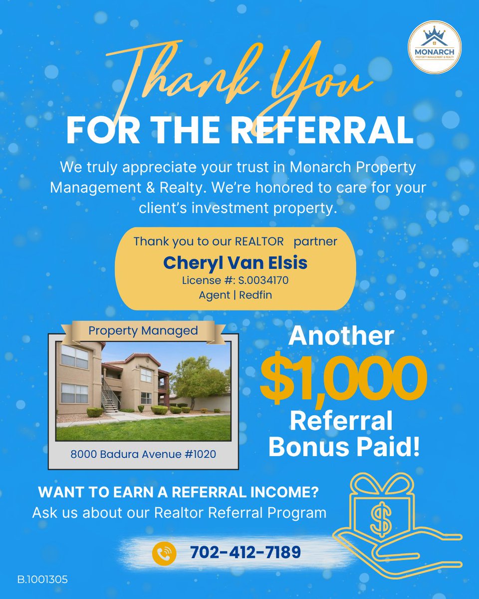 mgm_monarch's tweet photo. 🎉 ANOTHER $1,000 REFERRAL BONUS PAID! 💰
Thank you to REALTOR® partner Cheryl Van Elsis of Redfin for trusting Monarch with her client’s investment property! 🤝🏡
Want to earn referral income? Ask about our REALTOR® Referral Program!
📞 702-412-7189
#RealtorReferral https://t.co/aTeXj5AF7C