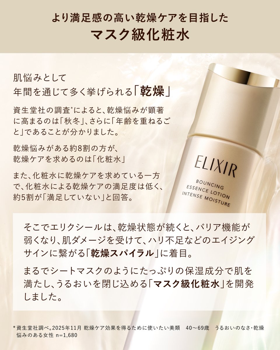 elixir_TW's tweet photo. 10月21日発売！マスク級化粧水✨​

年齢を重ねることで深刻化する「大人の乾き」に応える​
マスク級化粧水について、担当者にインタビュー🎤 ​
 ​
注目していただきたいポイントや、使い方のコツまで、
​商品担当者の声をお届け📝​

───────────────​
気になる！という方はぜひコメントや
【✨】の絵文字で​教えていただけると嬉しいです♪​
───────────────​

▼商品の詳細はこちら​
https://t.co/ejjJS7w22R​

マスク級：エリクシールのシートマスクと同等の保湿効果