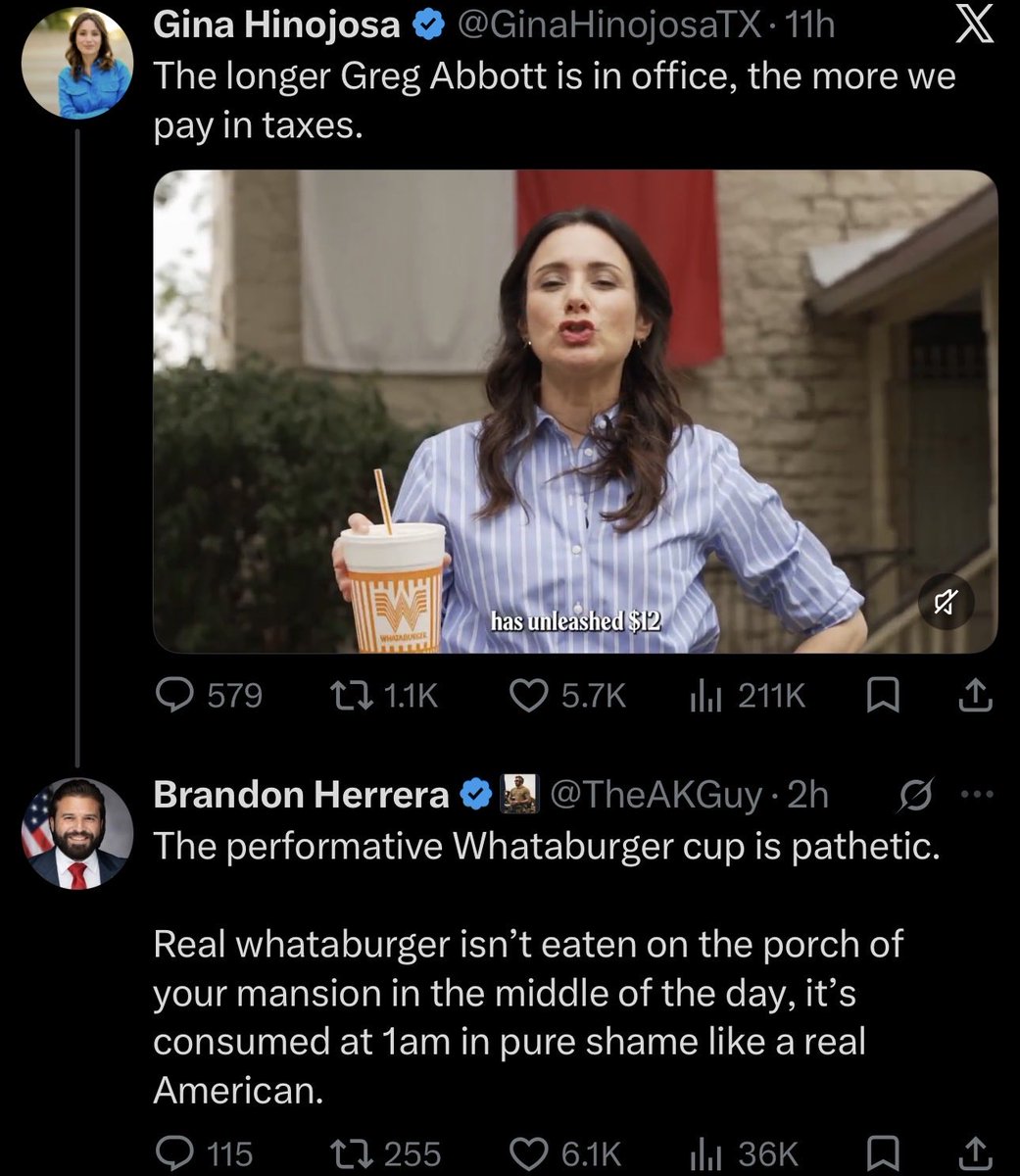 Awk20000's tweet photo. Brandon Herrera defends the sanctity of Whataburger against Texas Democratic Governor candidate Gina Hinojosa after she featured a Whataburger cup in her campaign ad https://t.co/w4w1H8CBni
