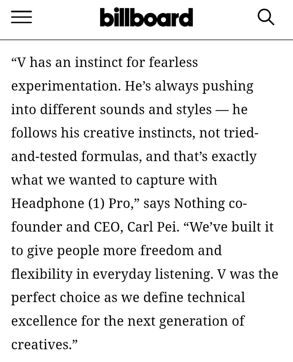 streamfortae's tweet photo. NOTHING co-founder and CEO Carl Pei about Taehyung:

“V has an instinct for fearless experimentation. He's always pushing into different sounds and styles — he follows his creative instincts, not tried-and-tested formulas (...)"

NOTHING GLOBAL AMBASSADOR V
#TAEHYUNGxNOTHING https://t.co/wFgWulJIdw