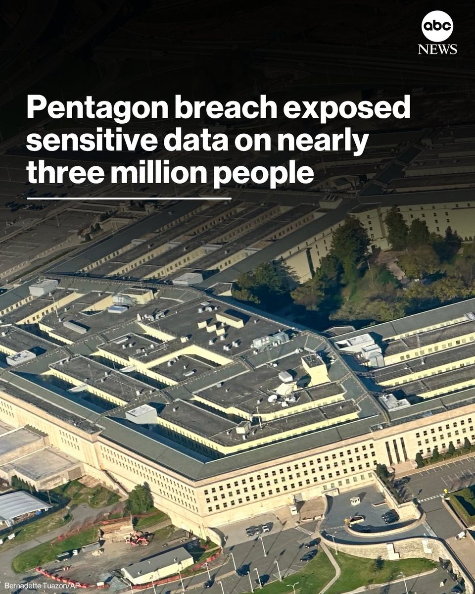 ABC's tweet photo. A breach of the Pentagon’s sprawling personnel database exposed sensitive information belonging to a massive swath of military personnel, including Social Security numbers and details about the jobs they held, according to a U.S. defense official.
https://t.co/Z0hXSH402O https://t.co/0MaaOj60OG