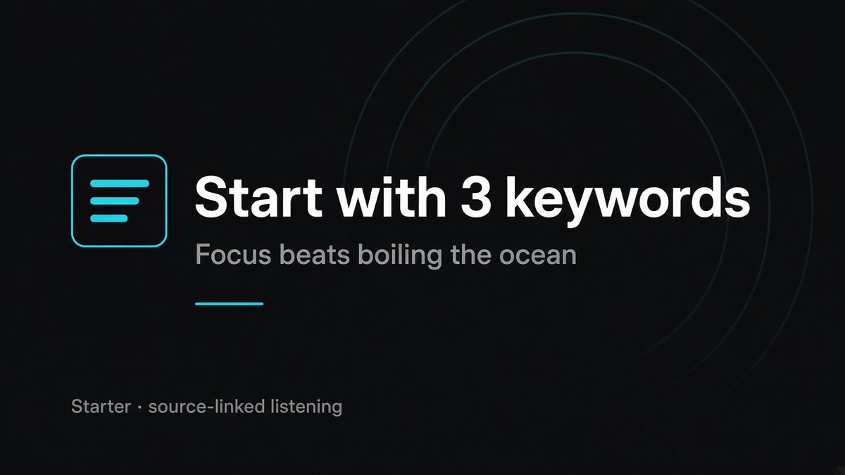 jason9367's tweet photo. Most listening setups fail because they track everything.

I start with 3 keywords: competitor name, one pain phrase, one "alternative to" query. Expand only when those stay useful.

ChatterBeam Starter is built that way ($29/mo).

https://t.co/LOn5pgNIt2 https://t.co/DOQSbR1VBj