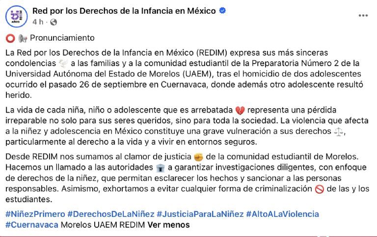 QueCosaNoticias's tweet photo. 🚨@derechoinfancia exigió justicia por los 7 estudiantes #UAEM asesinados este año, incluidos dos jóvenes de 17 años. La organización pidió investigaciones con enfoque de derechos de la niñez y que los responsables sean llevados ante la justicia.

#REDIM #UAEM #Morelos #Justicia https://t.co/Z5mUQf4UQR
