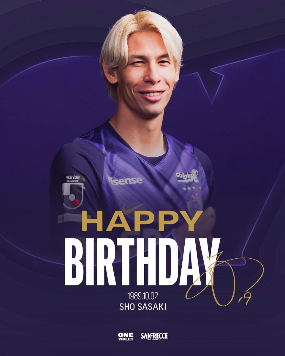 sanfrecce_SFC's tweet photo. 🎂𝑯𝑨𝑷𝑷𝒀 𝑩𝑰𝑹𝑻𝑯𝑫𝑨𝒀🎂

本日10月2日は #佐々木翔 選手の37歳の誕生日です！
お誕生日おめでとう🎉
素敵な1年になりますように✨

#sanfrecce #ONEVIOLET https://t.co/7VRdGhGUos