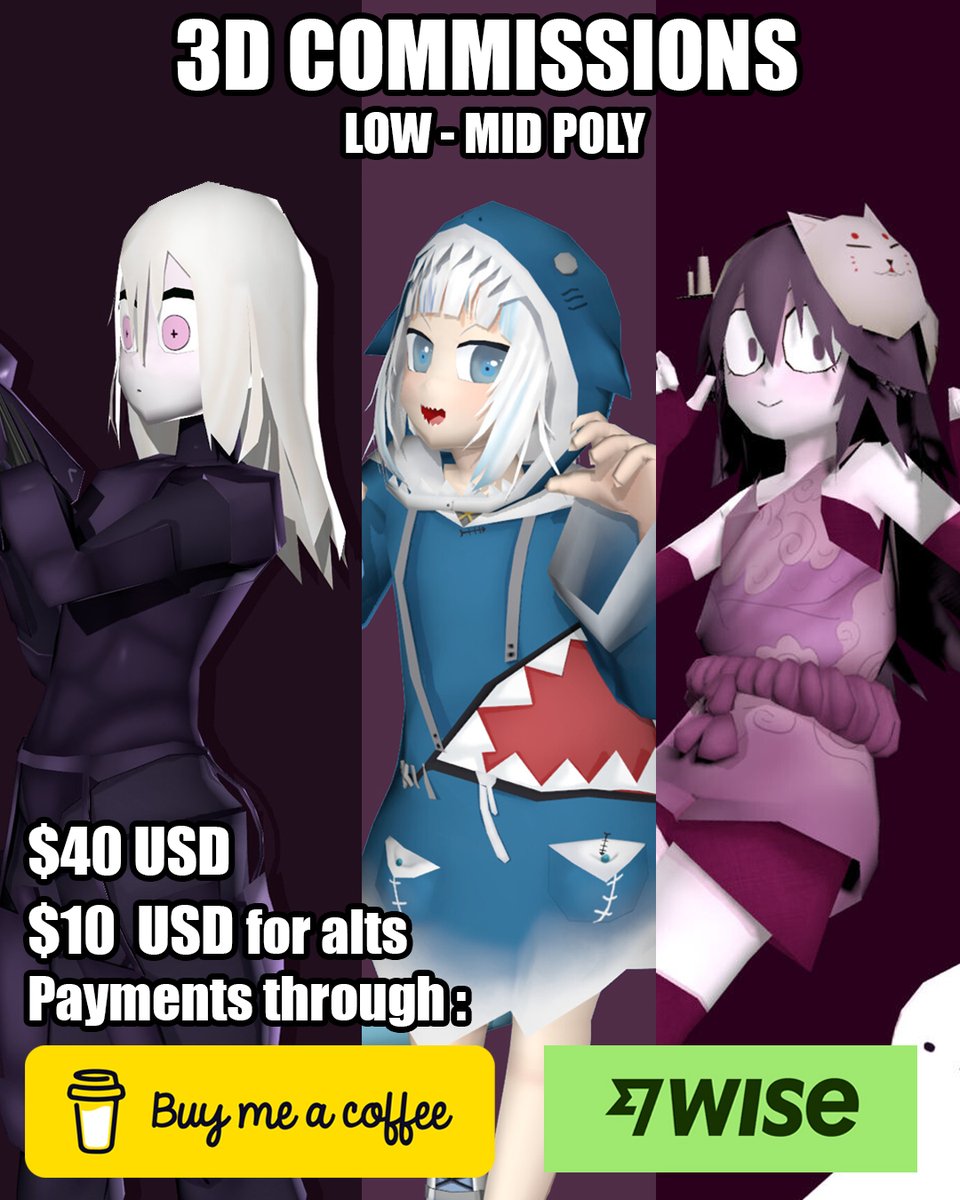 BunnsSurplus's tweet photo. Well, due to money problems I'll open some comm slots 

These will take time, up to two weeks for the first WIPS as this week I'll be riggin and doing renders.

DM me if interested or for any questions
only comment if I dont reply 

Also please dont pay firts and ask later ;w; https://t.co/nTw2EuK1hR