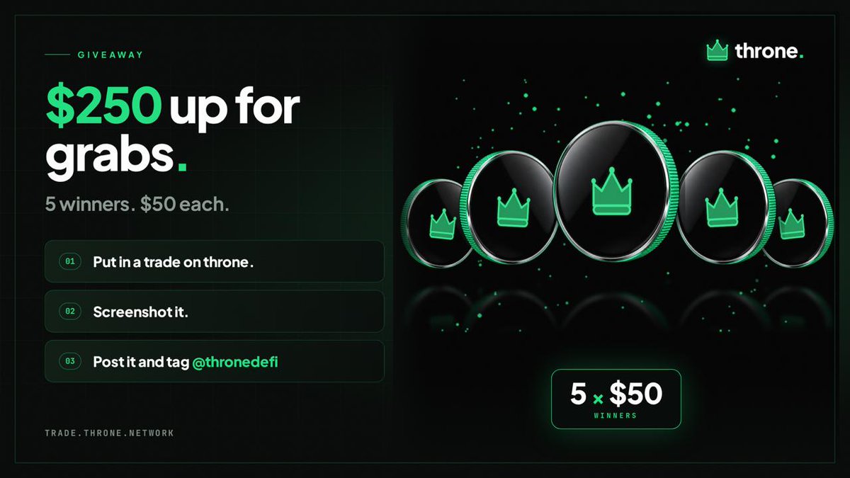 thronedefi's tweet photo. 🚨$250 GIVEAWAY🚨

To enter: 

✅ Enter a trade on throne 
✅ Take Screenshot 
✅ Post &amp; Tag @thronedefi
✅ Follow, like and retweet

More details below 👇 https://t.co/Ba5hm6r9UD
