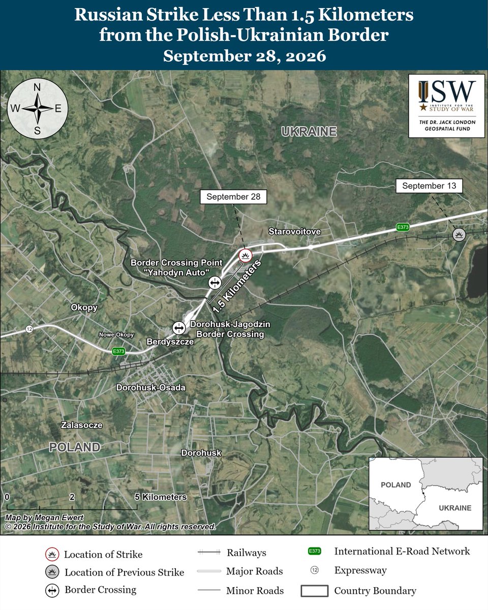 TheStudyofWar's tweet photo. NEW: Ukraine’s 3rd Army Corps publicized details on the third phase of Operation Vivaldi in the Lyman direction, which included successfully feinting and deceiving Russian forces and the liberation of Nove, Ridkodub, Katerynivka, Karpivka, and Novomykhailivka (all north of Lyman). (1/2)

Other Key Takeaways:

Operation Vivaldi is fueling Russian ultranationalist milblogger discourse about how the pervasive culture of lying within the Russian military is harming Russian forces and facilitating Ukrainian successes in the Lyman direction.

The Kremlin is restricting publicly available information regarding Russia’s oil and gas industry, likely in an effort to conceal and protect Russian oil supplies for a variety of reasons, including from Ukrainian strikes, Western sanctions, or domestic Russian discontent and panic stemming from fuel shortages.

Russian forces conducted a drone strike mere kilometers from the Ukrainian-Polish border near the Yahodyn border crossing for the second time in September 2026. Poland announced its intent to change its air defense rules of engagement following the strike.

Russian President Vladimir Putin signed a decree on September 28 transferring the assets of German wholesale retailer Metro AG in Russia to “temporary” management under Russian company UK Torg Rus LLC.

Russian Colonel General Alexander Lapin, who previously commanded the Central and Northern groupings of forces in Ukraine, became the deputy prime minister of the Republic of Tatarstan on September 28.

Ukrainian forces recently advanced in western Zaporizhia Oblast.

Russia launched 289 drones against Ukraine overnight.

Ukrainian forces continued their long-range strike campaign against Russian oil infrastructure and military assets on the night of September 27 to 28.