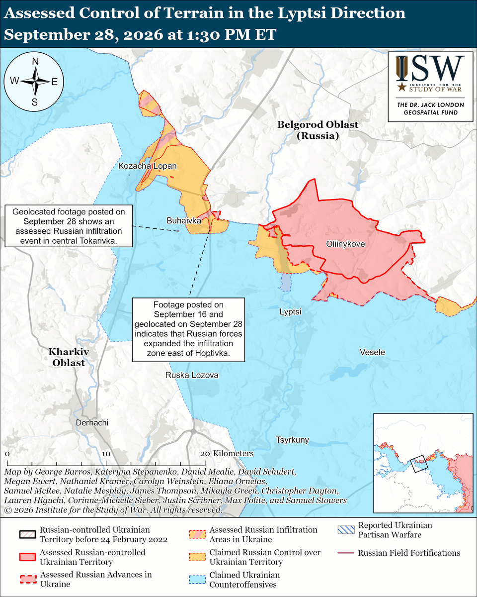 TheStudyofWar's tweet photo. NEW: Ukraine’s 3rd Army Corps publicized details on the third phase of Operation Vivaldi in the Lyman direction, which included successfully feinting and deceiving Russian forces and the liberation of Nove, Ridkodub, Katerynivka, Karpivka, and Novomykhailivka (all north of Lyman). (1/2)

Other Key Takeaways:

Operation Vivaldi is fueling Russian ultranationalist milblogger discourse about how the pervasive culture of lying within the Russian military is harming Russian forces and facilitating Ukrainian successes in the Lyman direction.

The Kremlin is restricting publicly available information regarding Russia’s oil and gas industry, likely in an effort to conceal and protect Russian oil supplies for a variety of reasons, including from Ukrainian strikes, Western sanctions, or domestic Russian discontent and panic stemming from fuel shortages.

Russian forces conducted a drone strike mere kilometers from the Ukrainian-Polish border near the Yahodyn border crossing for the second time in September 2026. Poland announced its intent to change its air defense rules of engagement following the strike.

Russian President Vladimir Putin signed a decree on September 28 transferring the assets of German wholesale retailer Metro AG in Russia to “temporary” management under Russian company UK Torg Rus LLC.

Russian Colonel General Alexander Lapin, who previously commanded the Central and Northern groupings of forces in Ukraine, became the deputy prime minister of the Republic of Tatarstan on September 28.

Ukrainian forces recently advanced in western Zaporizhia Oblast.

Russia launched 289 drones against Ukraine overnight.

Ukrainian forces continued their long-range strike campaign against Russian oil infrastructure and military assets on the night of September 27 to 28.