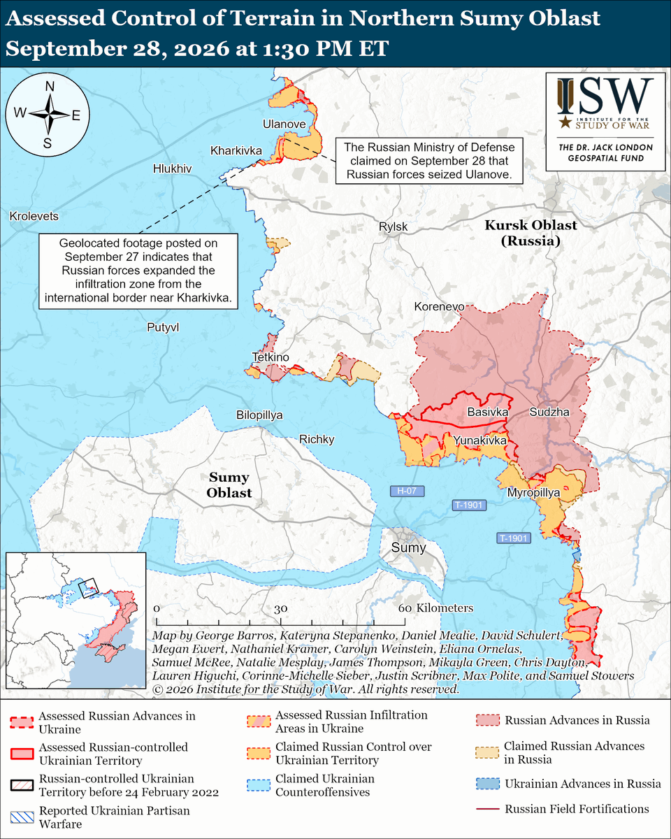 TheStudyofWar's tweet photo. NEW: Ukraine’s 3rd Army Corps publicized details on the third phase of Operation Vivaldi in the Lyman direction, which included successfully feinting and deceiving Russian forces and the liberation of Nove, Ridkodub, Katerynivka, Karpivka, and Novomykhailivka (all north of Lyman). (1/2)

Other Key Takeaways:

Operation Vivaldi is fueling Russian ultranationalist milblogger discourse about how the pervasive culture of lying within the Russian military is harming Russian forces and facilitating Ukrainian successes in the Lyman direction.

The Kremlin is restricting publicly available information regarding Russia’s oil and gas industry, likely in an effort to conceal and protect Russian oil supplies for a variety of reasons, including from Ukrainian strikes, Western sanctions, or domestic Russian discontent and panic stemming from fuel shortages.

Russian forces conducted a drone strike mere kilometers from the Ukrainian-Polish border near the Yahodyn border crossing for the second time in September 2026. Poland announced its intent to change its air defense rules of engagement following the strike.

Russian President Vladimir Putin signed a decree on September 28 transferring the assets of German wholesale retailer Metro AG in Russia to “temporary” management under Russian company UK Torg Rus LLC.

Russian Colonel General Alexander Lapin, who previously commanded the Central and Northern groupings of forces in Ukraine, became the deputy prime minister of the Republic of Tatarstan on September 28.

Ukrainian forces recently advanced in western Zaporizhia Oblast.

Russia launched 289 drones against Ukraine overnight.

Ukrainian forces continued their long-range strike campaign against Russian oil infrastructure and military assets on the night of September 27 to 28.