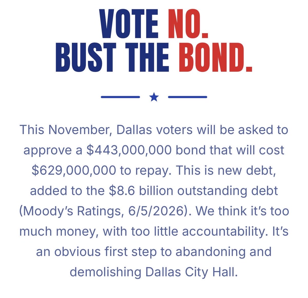 BustTheBond's tweet photo. Vote NO in NOvember to City of Dallas Prop A. 

Want to host a yard sign at your house or a large 4x4 on your fence? Request one here: https://t.co/BcVZ5smyQT https://t.co/Z2GknkX9gh