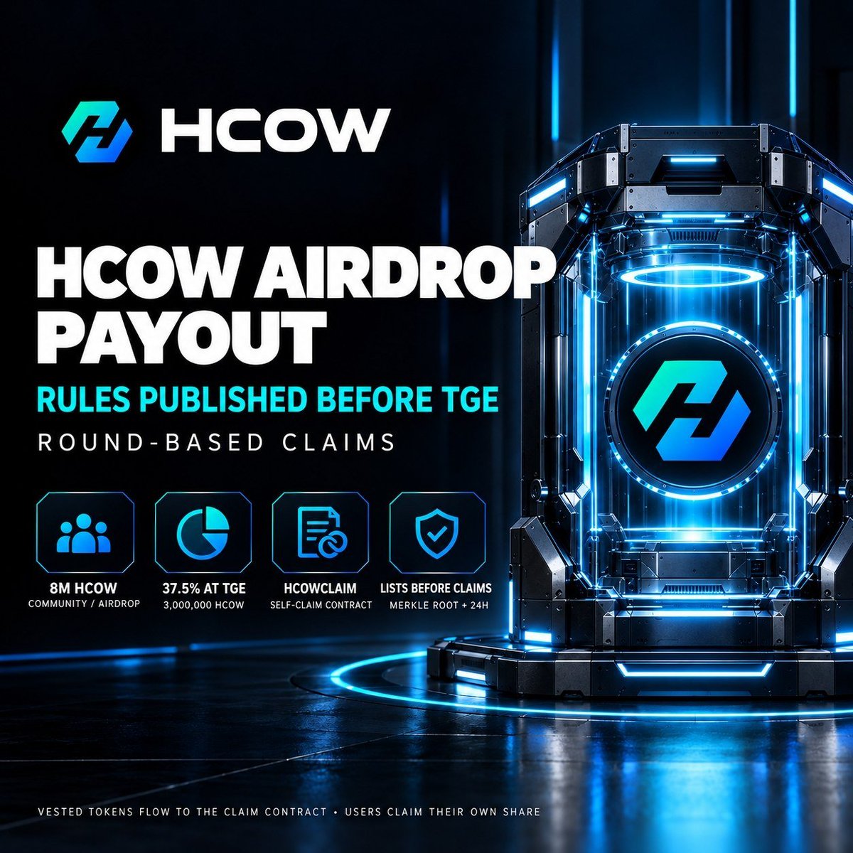 HCOW_Official's tweet photo. How the HCOW airdrop will be paid

We are publishing these rules before TGE, not after it. Once published, they apply to rewards already earned, and we will not change them for those rewards afterwards.

1. Where the tokens come from

The Community / Airdrop allocation is 8,000,000 HCOW, 4% of the fixed 200,000,000 supply. It sits in the sealed vesting contract like every other allocation: 37.5% (3,000,000 HCOW) unlocks at TGE, and the rest vests linearly over six months.

Its beneficiary is a claim contract, HCOWClaim. Vested tokens flow into it, and each recipient claims their own share from it. Nobody, including us, can redirect this allocation now that the vesting contract is sealed.

Vesting (sealed): 0xc65710D96192893Eff4Dde05499FC4dCdF9364A5
HCOWClaim: 0x63a873386D141E08407Bd041171dD6a433f1DA7f

Tokens in the claim contract are not the same as tokens distributed. Only claimed amounts reach recipients.

2. How each reward type unlocks

Mini-app rewards (including Season 1 and events run in the mini-app): the mini-app keeps running after TGE, so its rewards are settled month by month. Each month's rewards are paid 33% in the first round after that month closes, and the rest over the following 2 months (3 rounds in total). The same rule applies every month.
TaskOn campaign: 20% in the first round, the rest over 8 months (9 rounds)
Awareness program: 3 equal parts over 3 months, starting with the first round (3 rounds)
Build phase contributors: 25% in the first round, the rest over 3 months (4 rounds)
Other small rewards: 100% in the first round (1 round)

The first round opens after TGE, once its list has been published. We will announce its date in October. Later rounds open 30 days apart.

These ratios are not written into the contract. They are applied when each round's list is built, and the list is what the contract enforces.

3. What we publish, and when

Before every round opens, we publish:
- the full list, wallet address and amount only, with no names, handles or emails
- the Merkle root of that list
- the files needed to rebuild the root yourself

The root is written to the claim contract on chain as a public event. The contract will not let a round open until at least 24 hours after that event, so every list is public before it can pay anyone.

What the claim contract does and does not guarantee is set out in full in the HCOWClaim section of the README at https://t.co/tN6EiZZ47V.