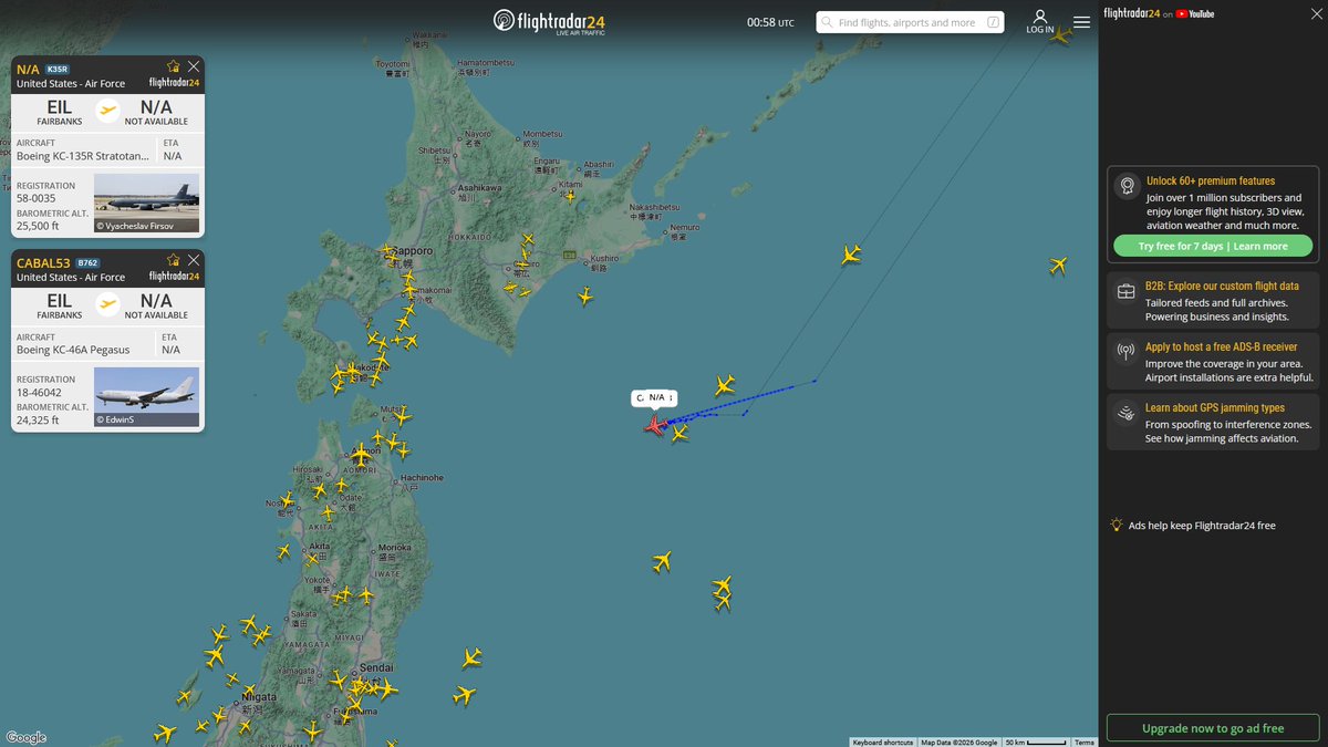 AIYeyENGDdJkjTr's tweet photo. Sept. 29, 2026
#McConnell Air Force Base #Eielson Air Force Base ==> #Misawa Air Base
#CABAL53 #AE5F95 USAF KC-46A Pegasus
#Fairchild Air Force Base #Eielson Air Force Base ==> #Misawa Air Base
#NoCALLSIGN #AE0143 USAF KC-135R Stratotanker https://t.co/YsvNo7Y4qi