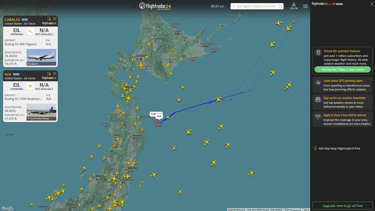 AIYeyENGDdJkjTr's tweet photo. Sept. 29, 2026
#McConnell Air Force Base #Eielson Air Force Base ==> #Misawa Air Base
#CABAL53 #AE5F95 USAF KC-46A Pegasus
#Fairchild Air Force Base #Eielson Air Force Base ==> #Misawa Air Base
#NoCALLSIGN #AE0143 USAF KC-135R Stratotanker https://t.co/YsvNo7Y4qi