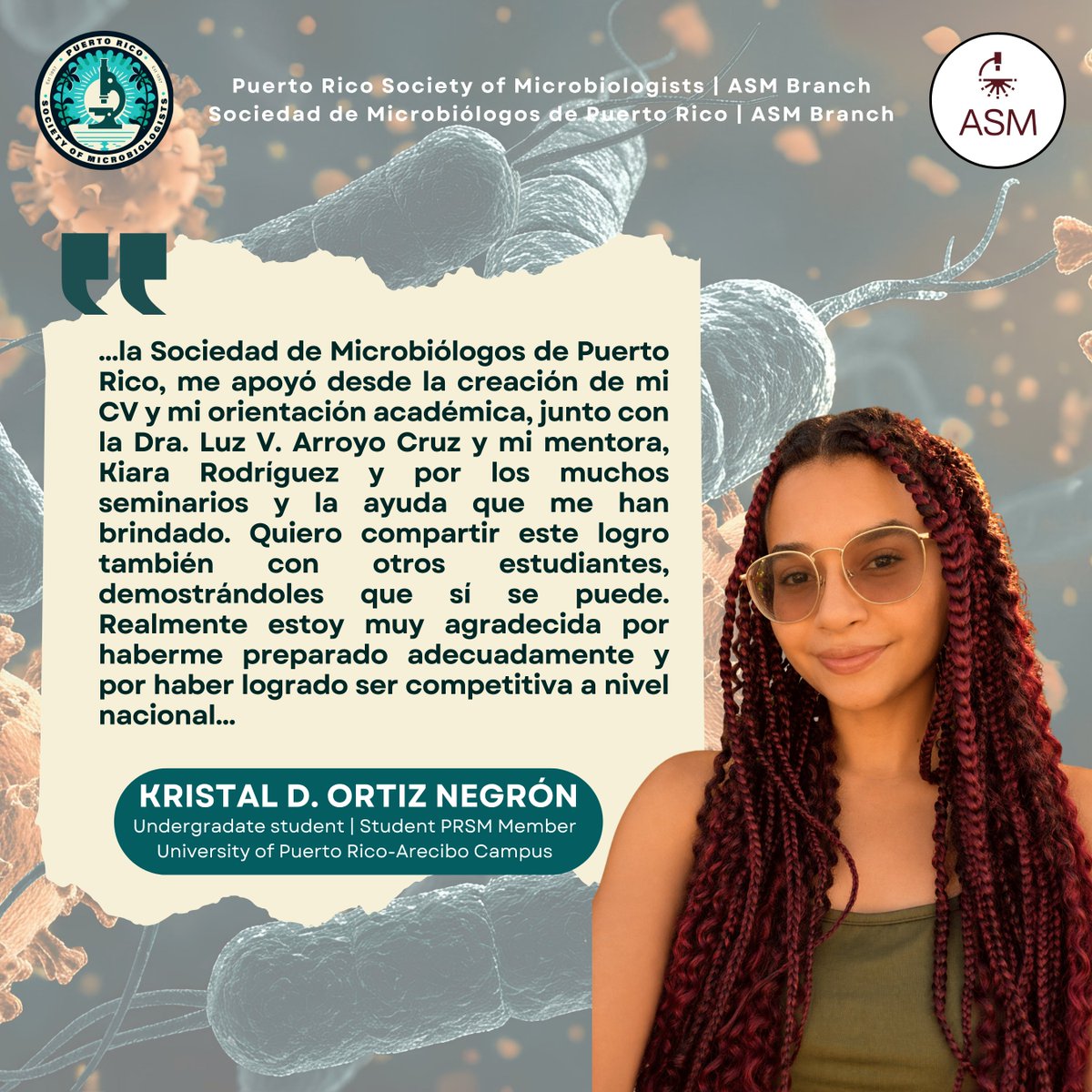 micropr_org's tweet photo. ✨ ¡Estrenamos nuestro Member Spotlight! 🦠🔬

En la Sociedad de Microbiólogos de Puerto Rico (SMPR) queremos reconocer y celebrar los logros de nuestros miembros y compartir las oportunidades, experiencias y metas que continúan fortaleciendo nuestra comunidad científica. 💚 https://t.co/i5fJ1GCS1j