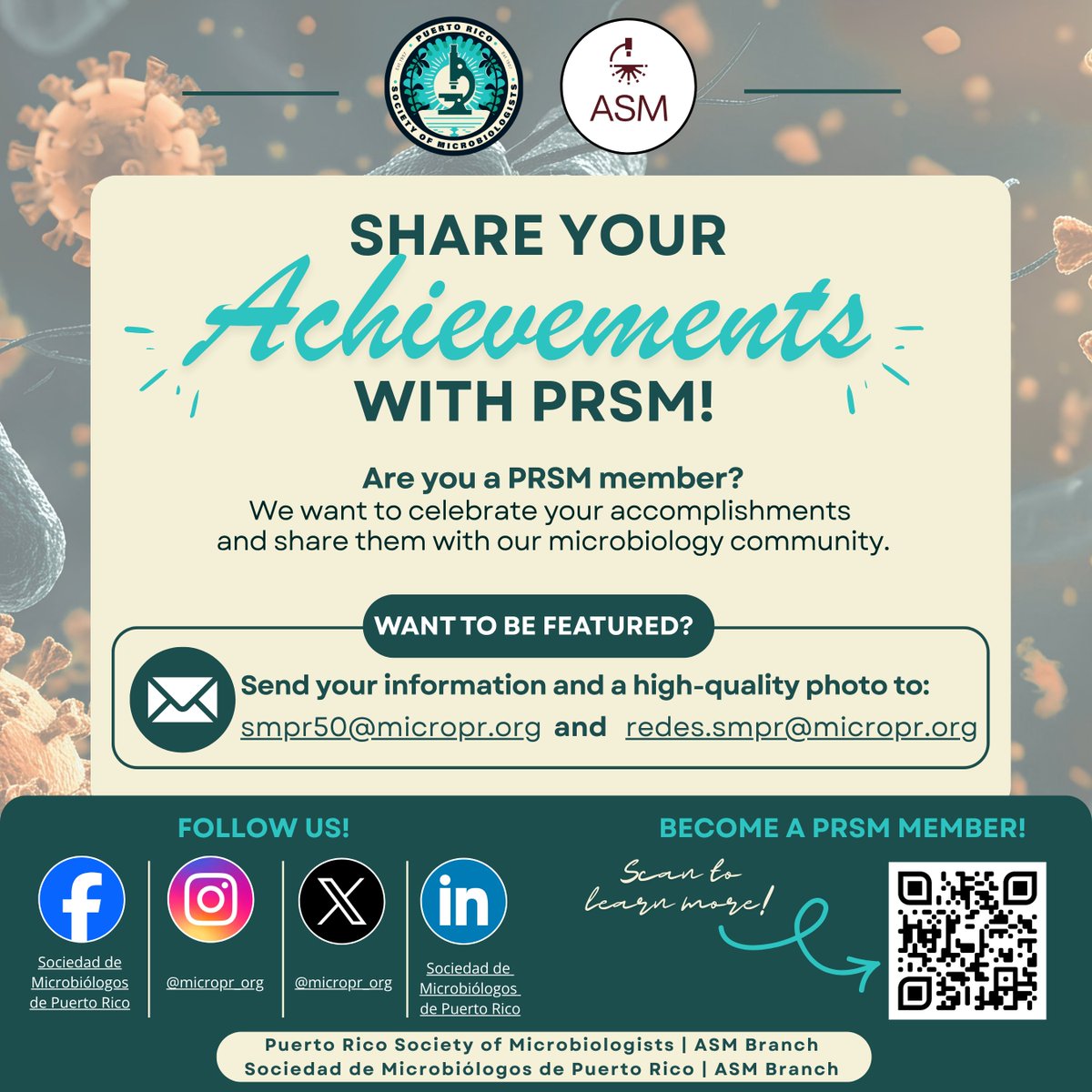 micropr_org's tweet photo. ✨ ¡Estrenamos nuestro Member Spotlight! 🦠🔬

En la Sociedad de Microbiólogos de Puerto Rico (SMPR) queremos reconocer y celebrar los logros de nuestros miembros y compartir las oportunidades, experiencias y metas que continúan fortaleciendo nuestra comunidad científica. 💚 https://t.co/i5fJ1GCS1j