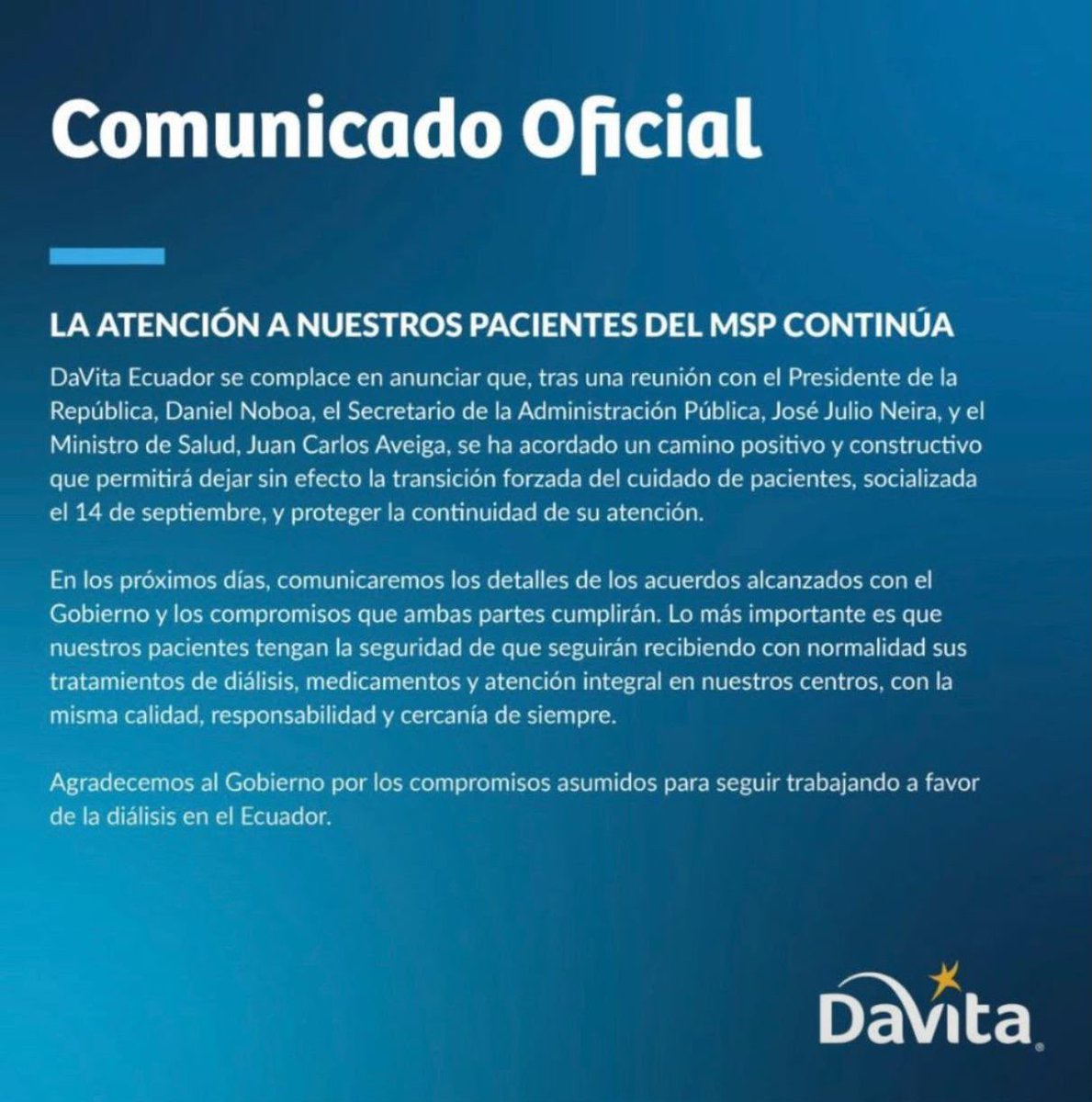 JoseJulioNeira's tweet photo. El compromiso del presidente @DanielNoboaOk con la salud de los pacientes renales se plasma en los acuerdos alcanzados con #DaVita, quienes continuarán brindando sus servicios con completa normalidad.

Nuestra prioridad es mejorar la calidad de vida de los pacientes de enfermedades crónicas y catastróficas, por ello enfocamos nuestros esfuerzos y priorizamos el trabajo para que la atención sea de calidad.

#HacemosQueLasCosasPasen 🇪🇨💪