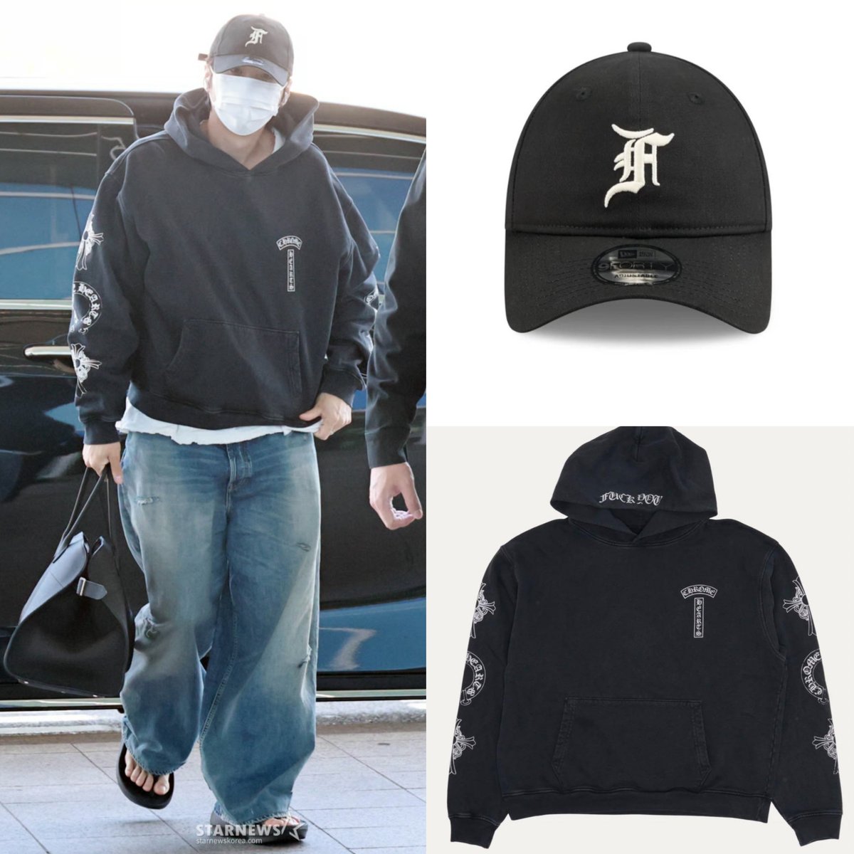 sakinayoongi's tweet photo. Yoongi style today he was wearing Chicago White Sox by Fear Of God and Chrome Hearts 'Soap &amp; Water' black hoodie. Cap and hoodie combos on him never fail. https://t.co/HdaDWcoqYD