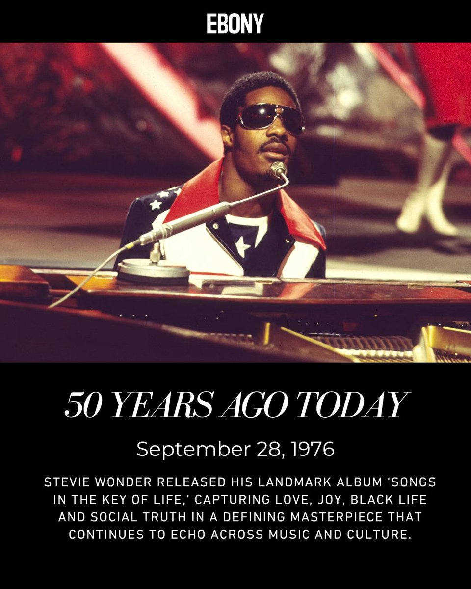 EBONY's tweet photo. Fifty years ago, @StevieWonder gave us his magnum opus, Songs in the Key of Life... a body of work that held love, joy, struggle and Black life in full, while shaping generations of music that followed. Half a century later, its influence and power remain undeniable. 🖤 https://t.co/8YWQoysOR4