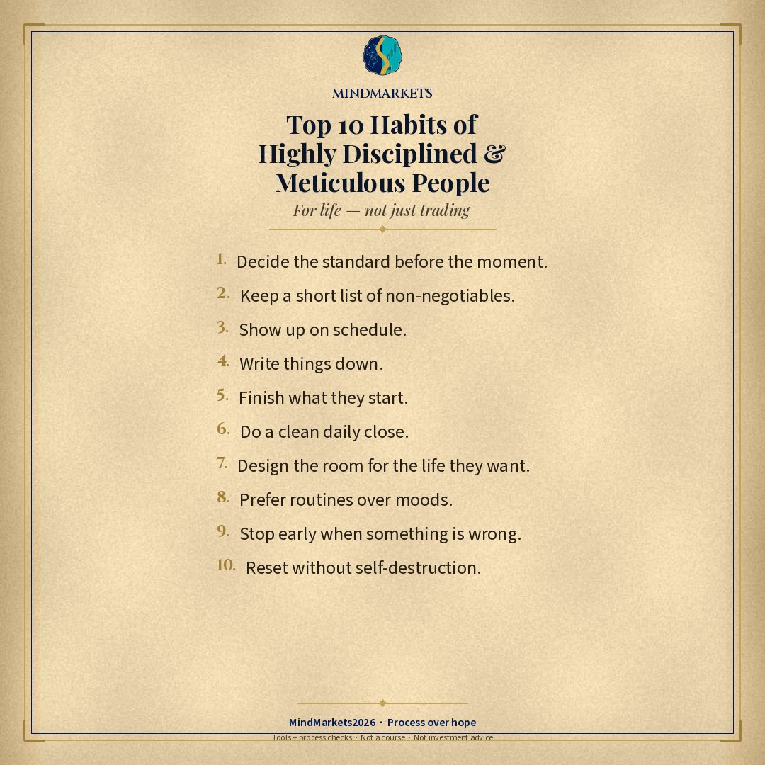 MindMarkets2026's tweet photo. Top 10 habits of highly disciplined &amp; meticulous people.

For life — not just trading.

Process over hope.

MindMarkets2026 · Tools + process checks (not picks, not a course) https://t.co/YU06whvBlD