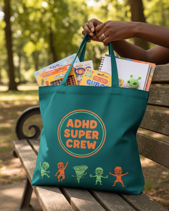 brycejp1's tweet photo. Your superpower goes where you go. The ADHD Super Crew Tote Bag carries your character—and your books, crayons, snacks, and more—wherever you need to be. https://t.co/DvxTjXLFKc
