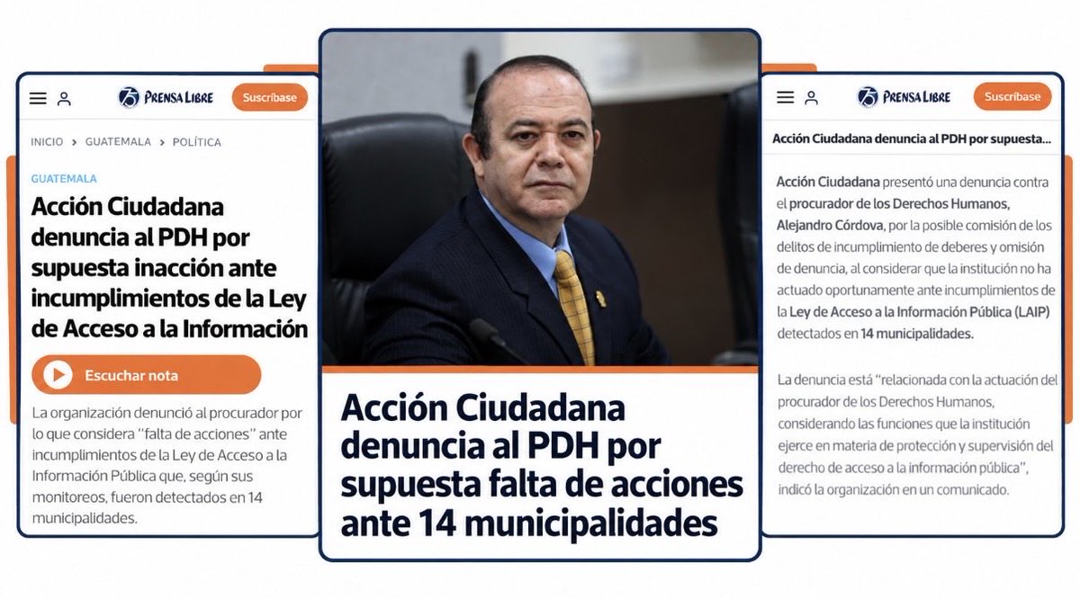 ManfredoGuate's tweet photo. 🚨 DENUNCIAMOS AL PROCURADOR DE LOS DERECHOS HUMANOS 🚨
📌En Acción Ciudadana @AcGuatemala, capítulo guatemalteco de Transparencia Internacional @anticorruption, fiscalizamos el cumplimiento de la Ley de Acceso a la Información Pública y documentamos incumplimientos en 14 municipalidades.
📌Acudimos a la PDH para denunciar estos casos. Según nuestro seguimiento, la institución solicitó informes únicamente en dos; en los otros 12 no identificamos actuaciones. 📌La PDH debe explicar qué hizo ante cada denuncia y asumir la responsabilidad que le corresponda por sus propios incumplimientos, incluidos los delitos en los que sus funcionarios pudieran haber incurrido.
📌Nuestro monitoreo también reveló que solo 138 de las 340 municipalidades tenían información disponible y actualizada sobre las remuneraciones de sus alcaldes. En Zunil y El Palmar documentamos acuerdos de los concejos para no publicar datos sobre salarios, dietas, bonos y otras remuneraciones.
📌Denunciamos ante el MP @MPguatemala al procurador Alejandro Córdova por la posible comisión de incumplimiento de deberes y omisión de denuncia. Exigimos que se investiguen tanto su actuación como la de las autoridades municipales señaladas, y que se determinen los delitos y responsabilidades que correspondan en cada caso.
📌El acceso a la información pública es un derecho de la ciudadanía. Quienes incumplan la ley, y quienes teniendo el deber de supervisar no actúen, deben rendir cuentas.