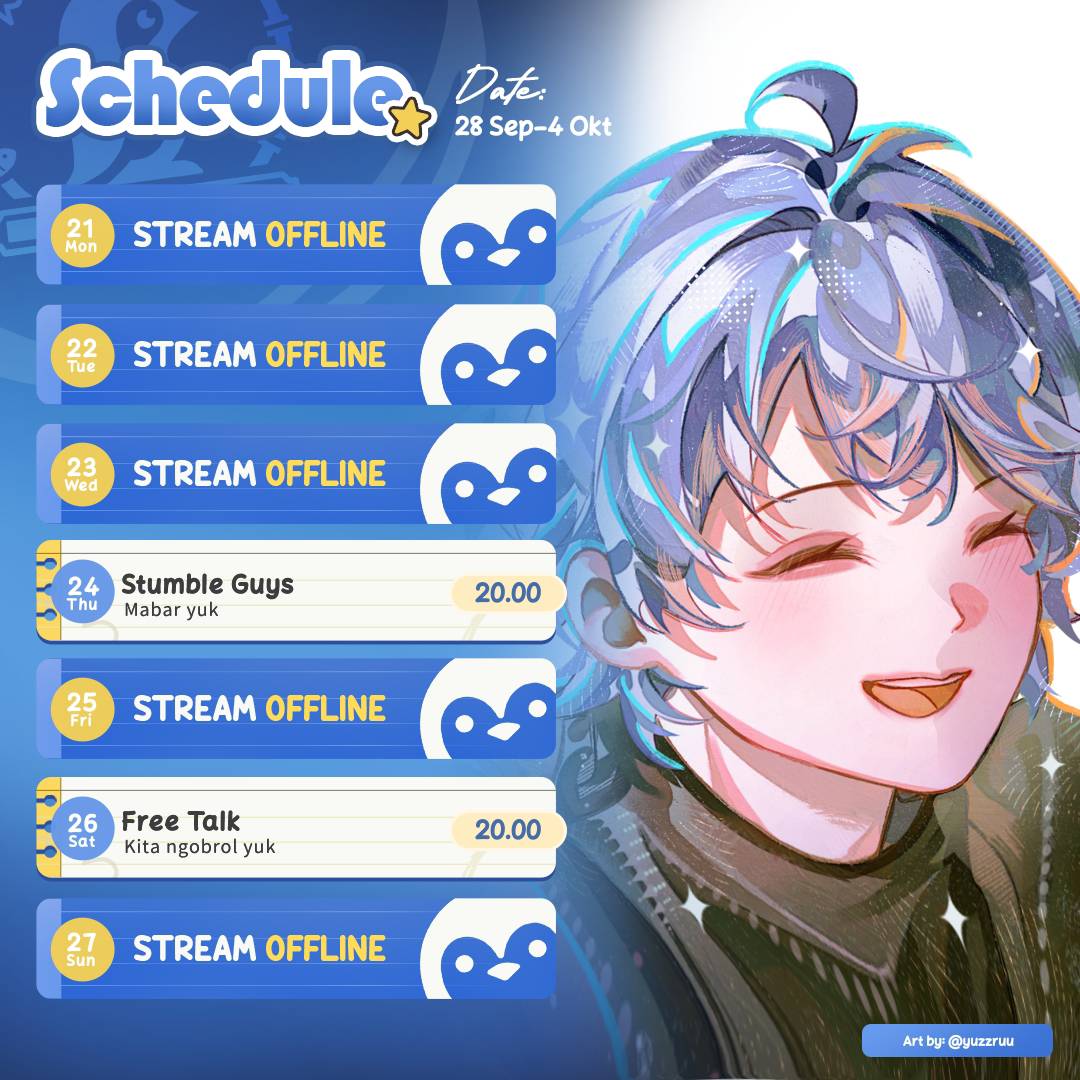 pincan_nino's tweet photo. Schedule tanggal 28 sep - 4 okt 🐧
art by : @yuzzruu
--------------------------
Tags :
✦ General : #Pincan
✦ Live : #Pin_LiveNow
✦ Fanart : #Pinart
✦ Memes : #PinMeme
✦ Clips : #Pin_Clips
✦ Fan Name : Piniee
#Vtuberid #VtubeUprising #Vtuberindo https://t.co/JFI620hEmI