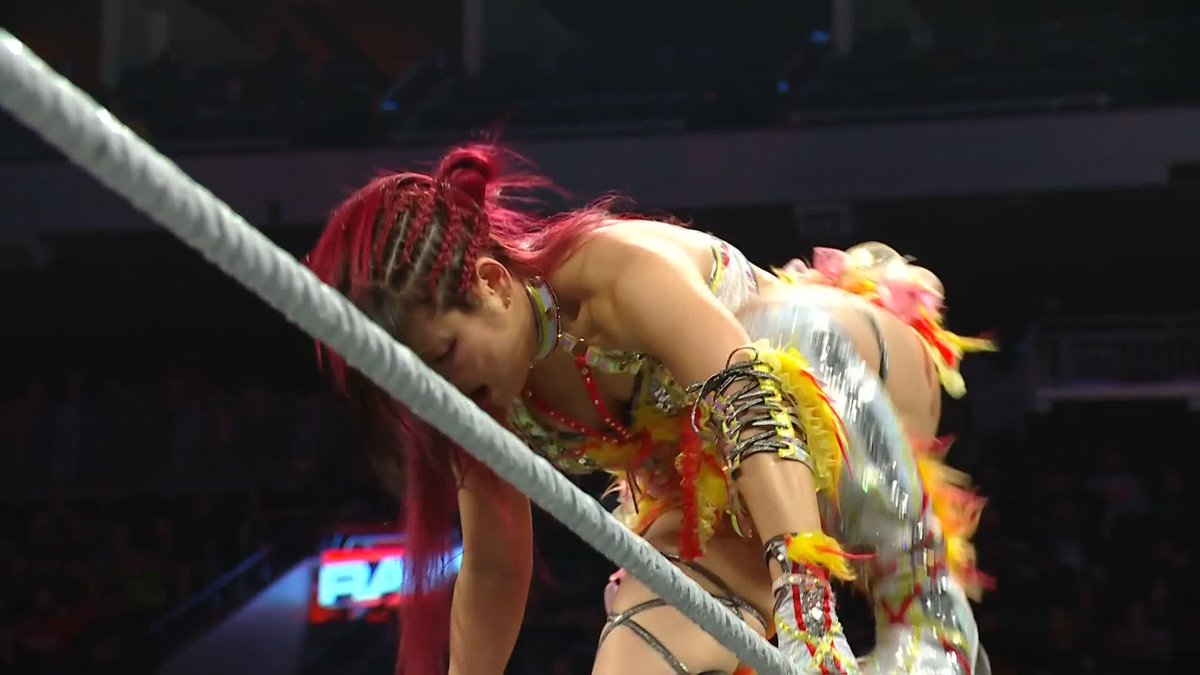 A wrestler with vibrant pink and red braided hair leans forward in the ring, wearing a colorful costume with yellow and orange feathered accents, appearing poised mid-action. The "IYO SKY CAN FLY" caption reflects the athletic, airborne reputation of the WWE star IYO SKY, whose high-flying wrestling style is suggested by the dynamic pose captured in the image.