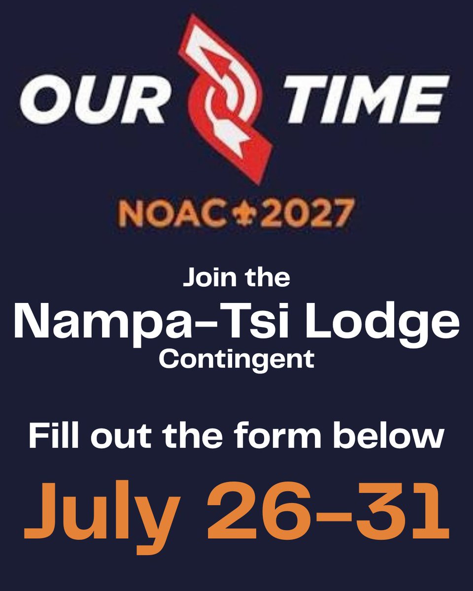 nampatsi216's tweet photo. The chance to go to the biggest gathering of Arrowmen in the country is now within reach. Fill out this form to show interest in joining the Nampa-Tsi Lodge NOAC 2027 Contingent. https://t.co/avXB63mDo9

@worldscouting @boyscouts @oascouting @oagateway @oasectiong6 @oasectiong6 https://t.co/9qcKO2vv2u