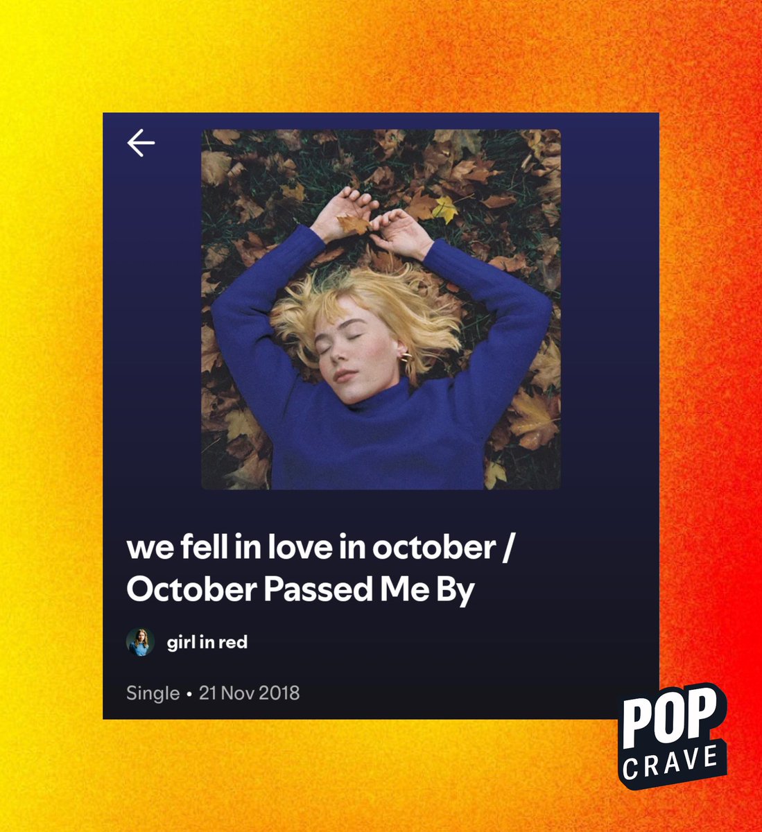 PopCrave's tweet photo. girl in red has changed the cover of her hit song “we fell in love in october” from red to blue. https://t.co/mgBeNJ1Mso