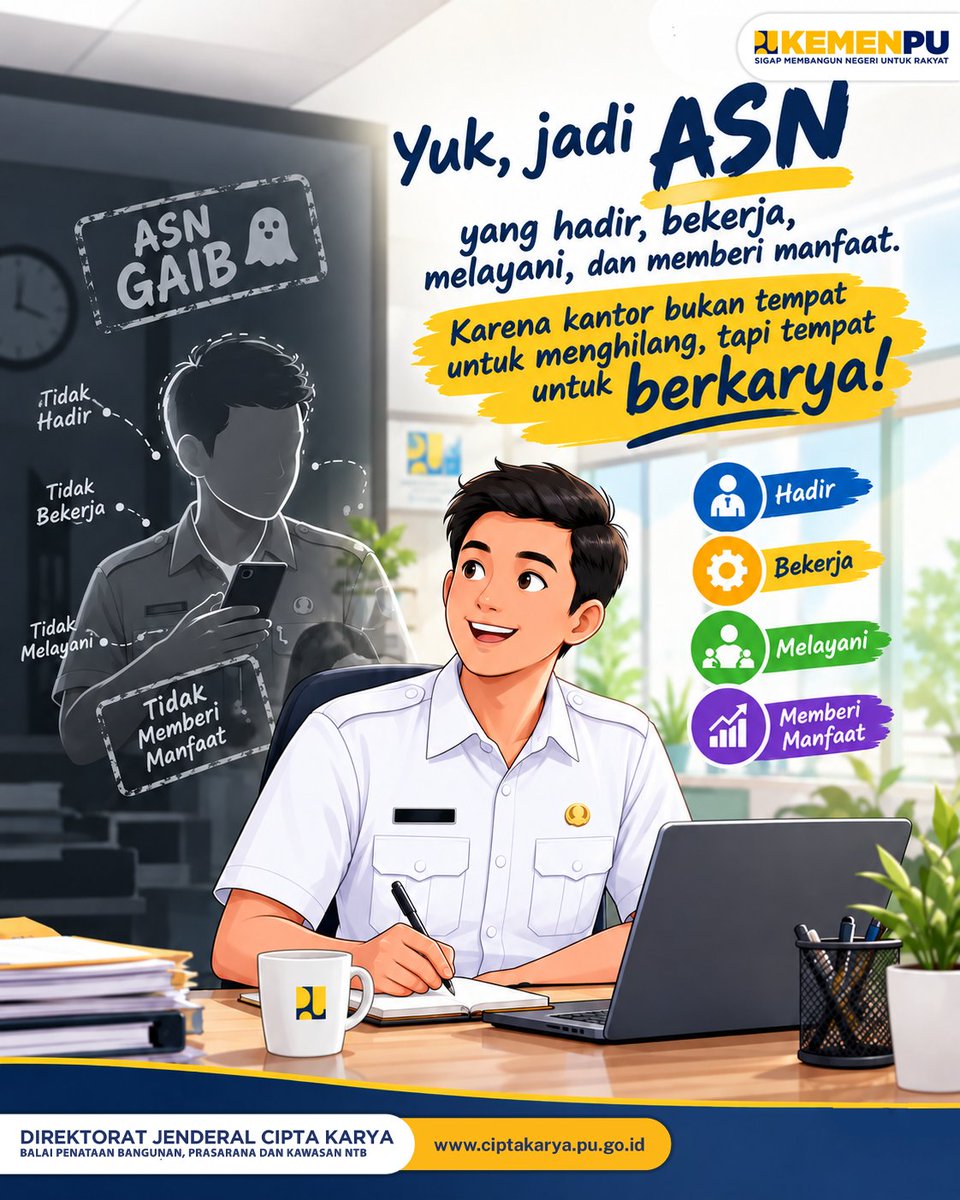 BPBPKNTB's tweet photo. ASN Gaib
.
Datang tak terlihat, pulang tak terdengar.
Namanya ada di daftar, mejanya ada di kantor, tapi orangnya entah ke mana. Inilah fenomena “ASN Gaib” ketika kehadiran fisik menjadi misteri, sementara tugas dan tanggung jawab tetap menunggu untuk diselesaikan. https://t.co/HZewaIZv5K