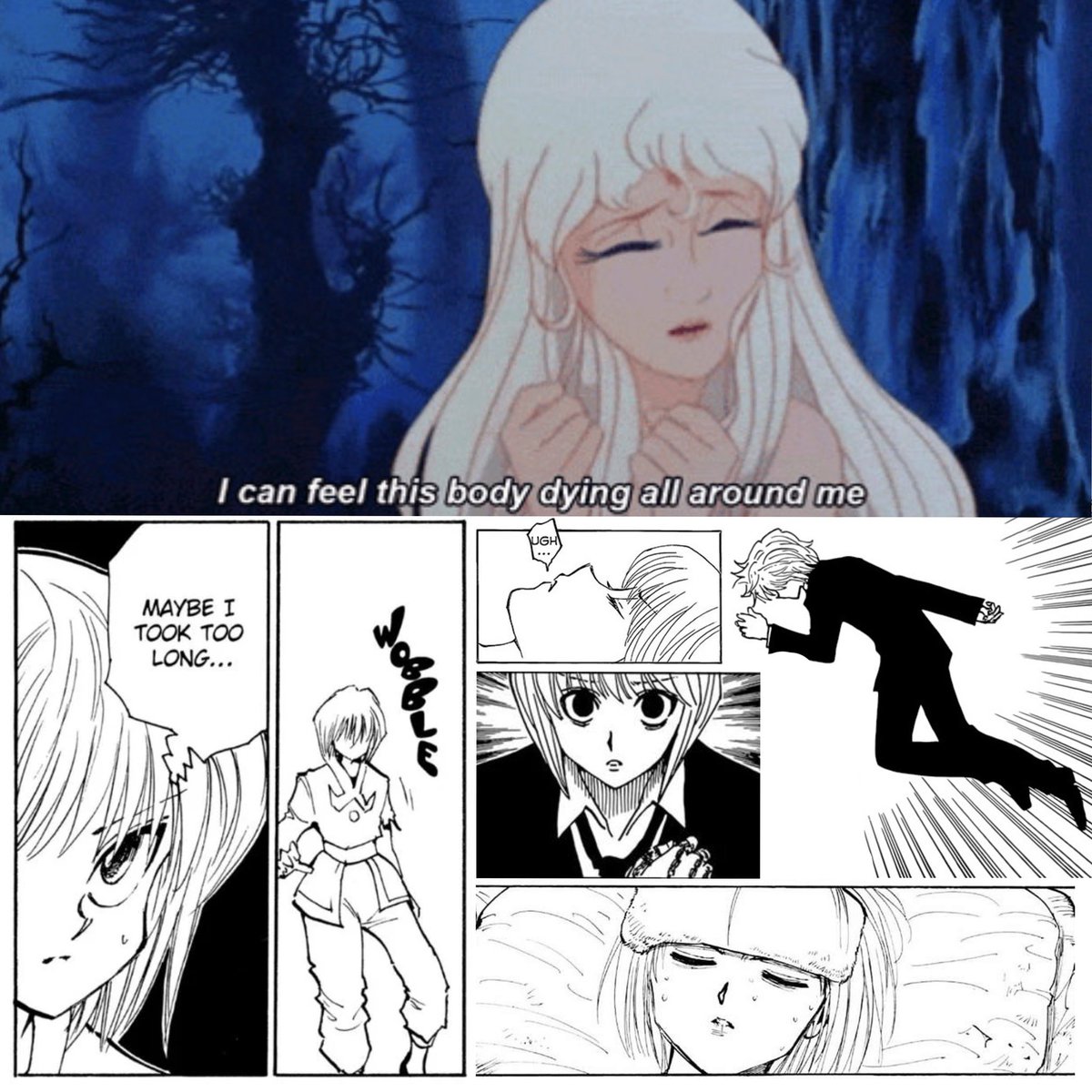 kuroxkura's tweet photo. when the unicorn says “i can feel this body dying all around me” i think about how that’s an average day for kurapika.. https://t.co/XCmiXIgSno