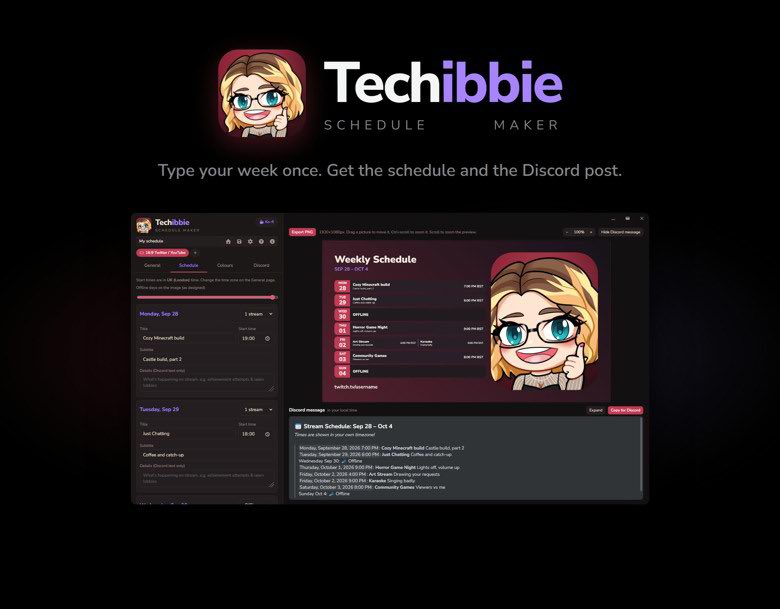 libbierose_'s tweet photo. The Schedule Maker app is now available on Ko-fi for early access!

First time I’ve put a price on a tool rather than PWYW. I love making free stuff for streamers, but I need to value my time too 💕

£5 minimum normally, 50% off for early access!

https://t.co/EMGZ1Zc4a9 https://t.co/jCMuk37Xqd