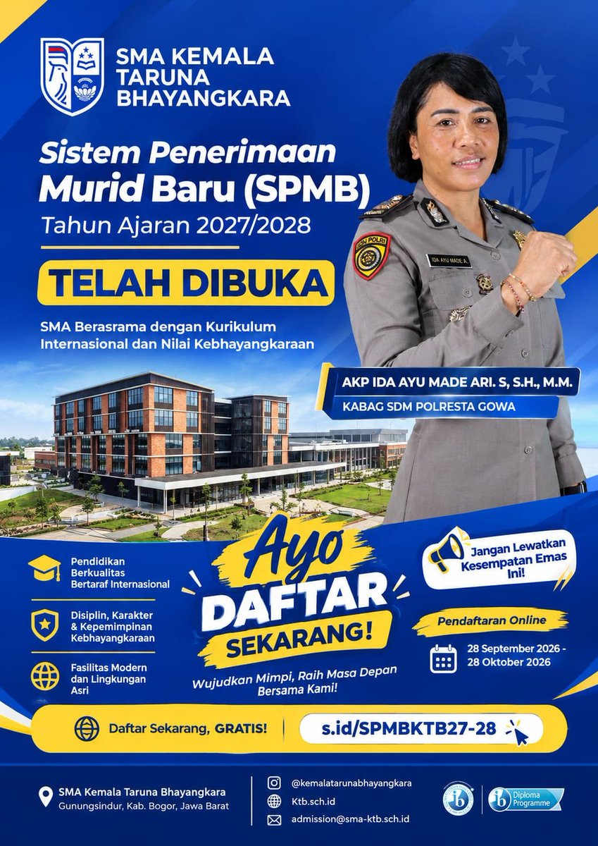 RRMNDYRYNT's tweet photo. TELAH DIBUKA SISTEM PENERIMAAN MURID BARU SMK KEMALA TARUNA BHAYANGKARA TAHUN AJARAN 2027/2028, AYO DAFTARKAN DIRI ANDA SEKARANG! 
#mabespolri
#divhumaspolri
#sdmmabespolri
#sdmpoldaaulsel
#fyp https://t.co/IRxgIpbLbq