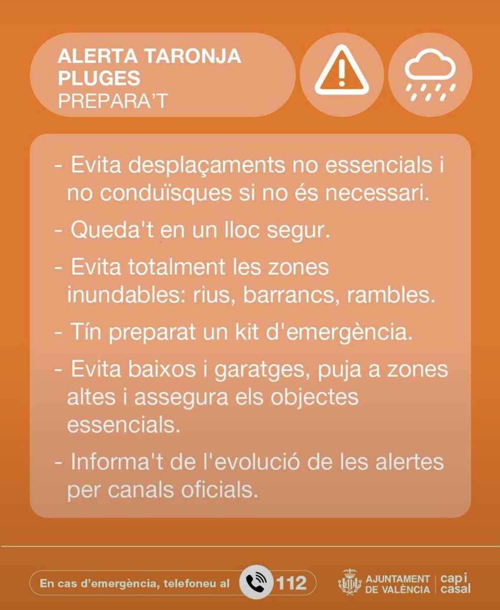 AjuntamentVLC's tweet photo. ⚠️ @GVA112 actualitza i establix  l'alerta taronja 🟠 per pluges i groga per 🟡 tempestes a #València. 

Pren nota d'estos consells ⏬
. https://t.co/Gpd8NyEPF8