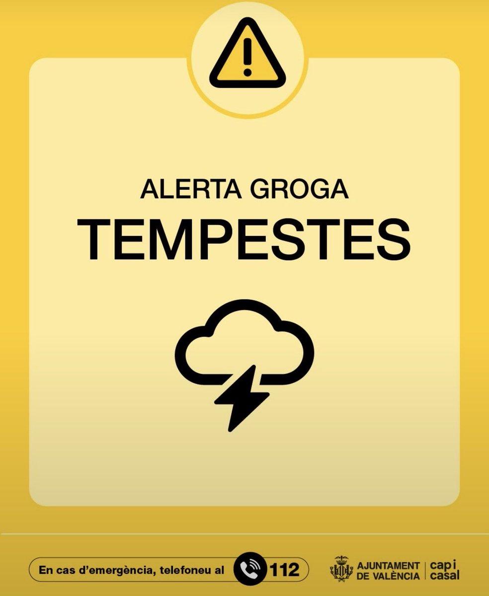 AjuntamentVLC's tweet photo. ⚠️ @GVA112 actualitza i establix  l'alerta taronja 🟠 per pluges i groga per 🟡 tempestes a #València. 

Pren nota d'estos consells ⏬
. https://t.co/Gpd8NyEPF8