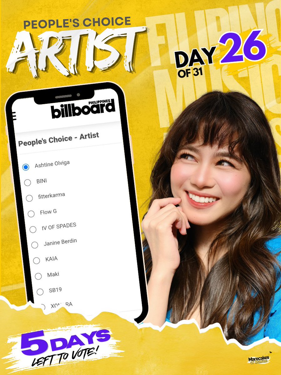 marecakesofash_'s tweet photo. 🛎 VOTE ALERT: Power Up for Ashtine! 🛎

FMA: People's Choice - Artist

📣 DAY 26 OF 31 🥳
🚨 5 DAYS LEFT 😱

🔗: https://t.co/g4h5nBj7Bx

MGA MARS TAYO NA AT MAGVOTE ULI 😁💛
#AshtineOlviga | Ashtine Olviga https://t.co/2H7CSG2nff
